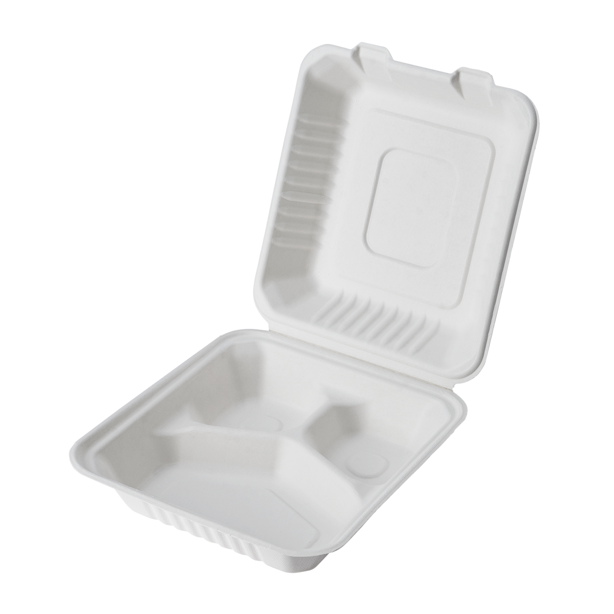 CaliWare 8'' x 8'' x 3'' 3C No PFAS Added Natural Bagasse Hinged Container - 200/Case